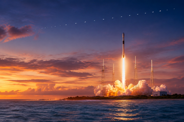 Falcon 9 rocket launching from Florida Space Coast with Starlink satellites above
