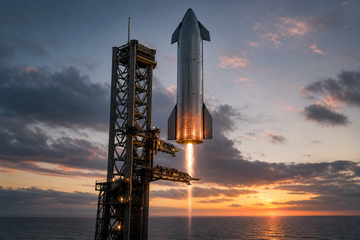 Starship upper stage approaching launch tower catch arms at dusk