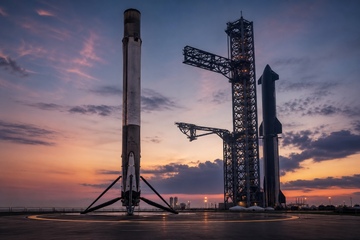 Falcon 9 booster at landing zone with Starship tower in background at dusk