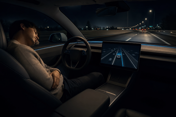 Sleeping Tesla driver behind wheel while touchscreen shows driver-assistance road visualization