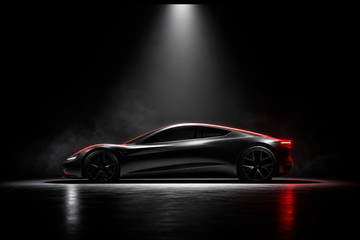 Tesla Roadster concept under dramatic stage lighting, evoking a high-profile debut event