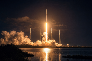 Falcon 9 rocket lifting off at night from Cape Canaveral carrying three O3b mPOWER satellites