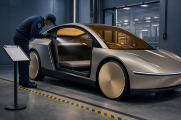 Tesla Cybercab without steering wheel under NHTSA inspection lighting