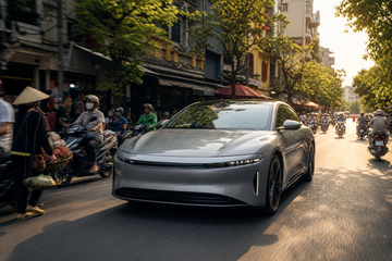Electric sedan driving on a busy Vietnamese street with motorbikes and urban shops