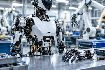 Partially assembled Tesla Optimus humanoid robot torso and incomplete hand on factory workbench.