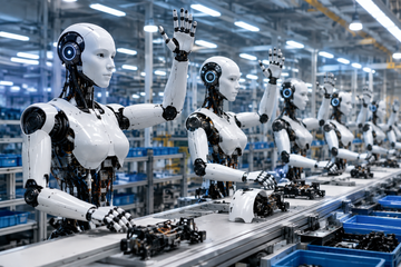 Tesla Optimus humanoid robot with articulated hands on a factory bench