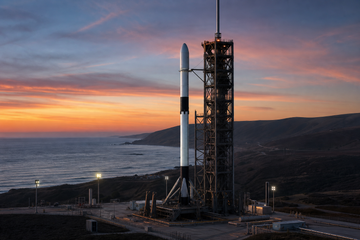 Falcon 9 rocket on pad at Vandenberg Space Force Base before scrubbed SDA launch