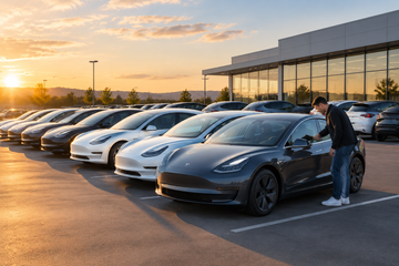 Tesla electric vehicles lined up in a delivery center parking lot with owner inspection
