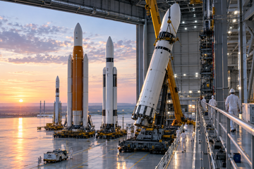 NASA bulk rocket purchase concept with multiple rockets in a hangar, moon base context