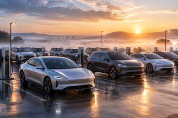Unbranded electric vehicles in a delivery lot at sunrise