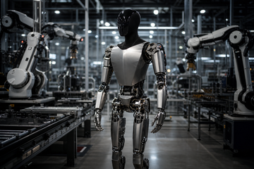 Tesla Optimus humanoid robot on factory floor with robotic arms