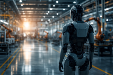 Sleek humanoid robot on factory floor with assembly lines in background