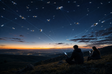 Very low Earth orbit satellite constellation beaming signals to smartphones on Earth at dusk