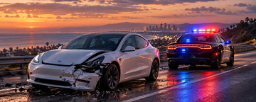 Tesla with front-end damage behind CHP cruiser after reported collision, emergency lights on.