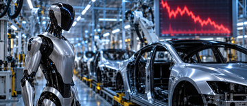Tesla Optimus humanoid robot on factory floor with stock chart background