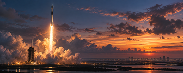 SpaceX Falcon 9 rocket launch at twilight with launch tower and city lights below