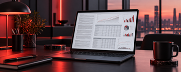 Tesla quarterly SEC filing displayed on a laptop screen with financial tables and red accent lighting