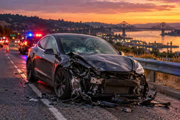 Damaged Tesla on I-80 shoulder after fatal pedestrian crash in Vallejo