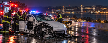 Emergency responders at a Tesla crash scene on I-80 near Vallejo at night