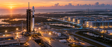 SpaceX rocket on launch pad with data center lights representing AI chip financing deal
