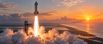 Starship rocket launching through clouds at dawn over coastal launch pad