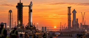 Falcon 9 rocket on launch pad with Starship prototype under construction in background
