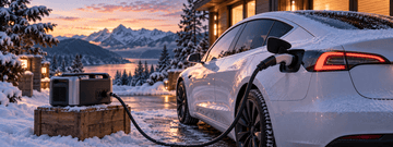 Tesla electric vehicle with charge port open and adapter cable in snowy Canadian driveway