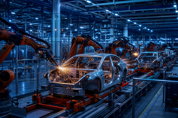 Robotic arms welding a Tesla electric vehicle on a factory assembly line under blue industrial lights