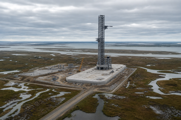 Aerial view of proposed SpaceX Starship launch site near Pecan Island, Louisiana marshland