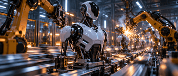 Humanoid robot torso on a high-tech production line in a factory