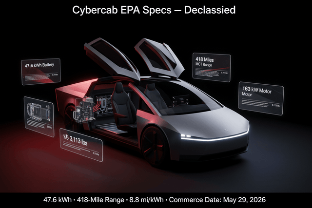 Tesla Cybercab EPA Specs Declassified: 48 kWh Battery, 418-Mile Test Range, and a Curb Weight That Demands Explanation