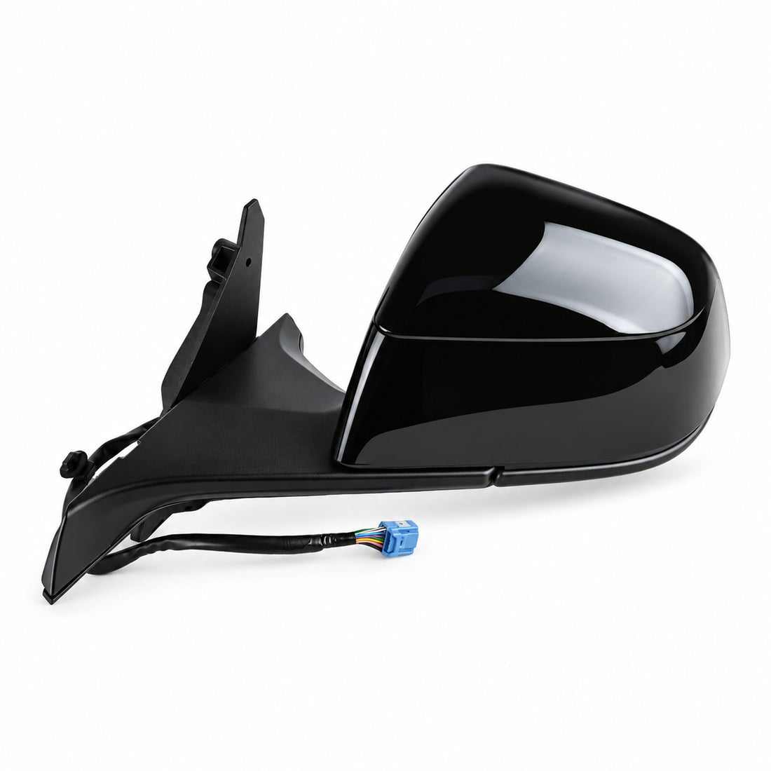 Black left side mirror assembly for Tesla Model Y Juniper and Model YL, complete with painted housing, mounting base and harness