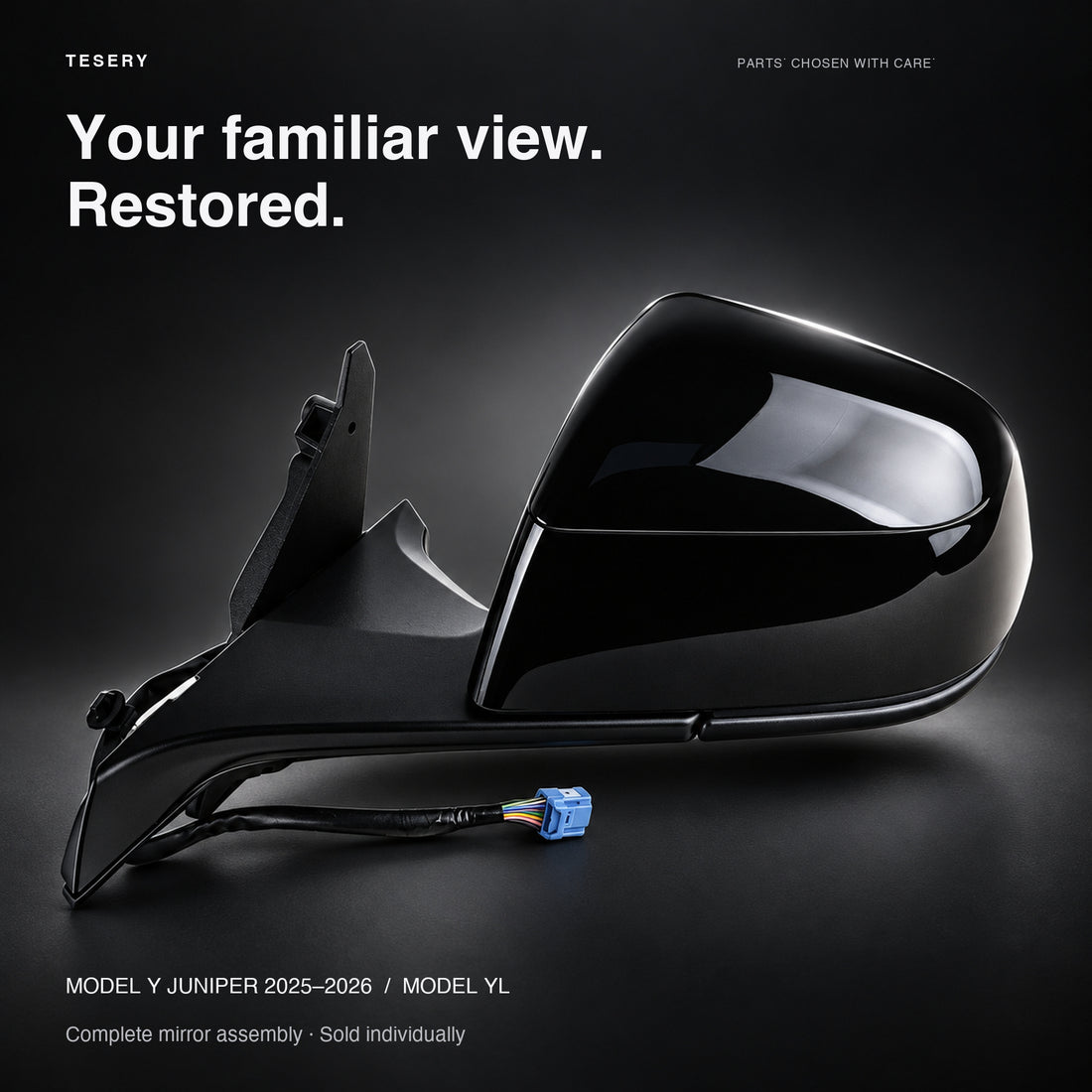 Black left side mirror assembly for Tesla Model Y Juniper and Model YL, complete with painted housing, mounting base and harness