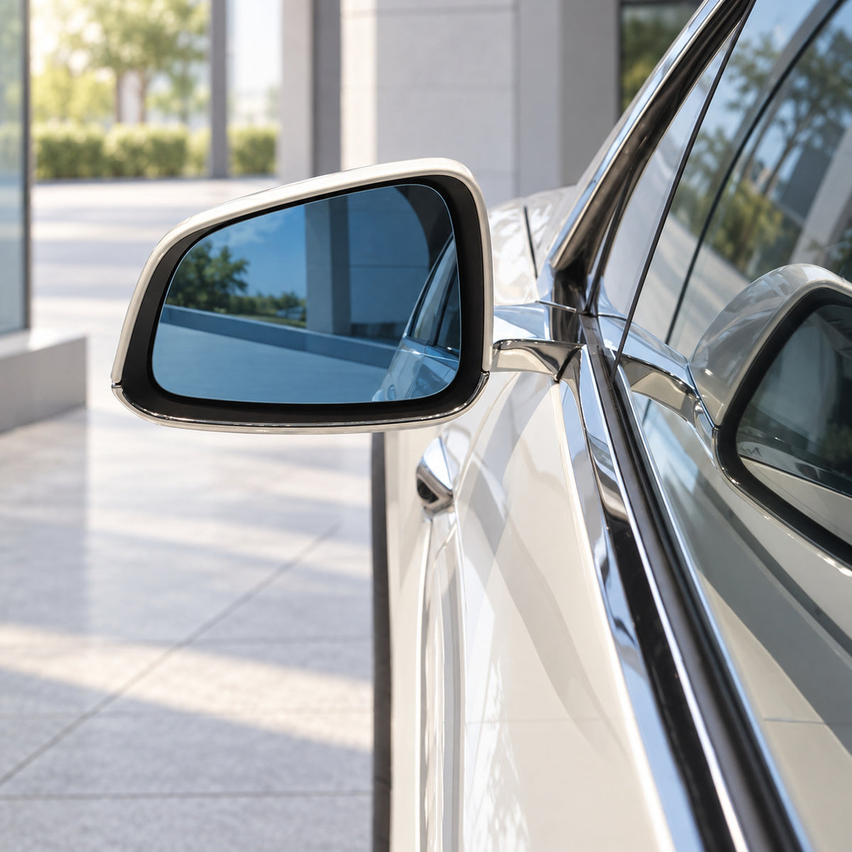 Visual illustration of blue replacement side-mirror glass installed in the existing vehicle mirror housing.