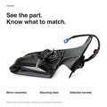 Rear view of the replacement mirror assembly showing the open rear carrier, mounting base and blue harness connector.