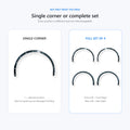 An informational product graphic showing tire corner sections. The top text reads 'BUY ONLY WHAT YOU NEED' and 'Single corner or complete set.