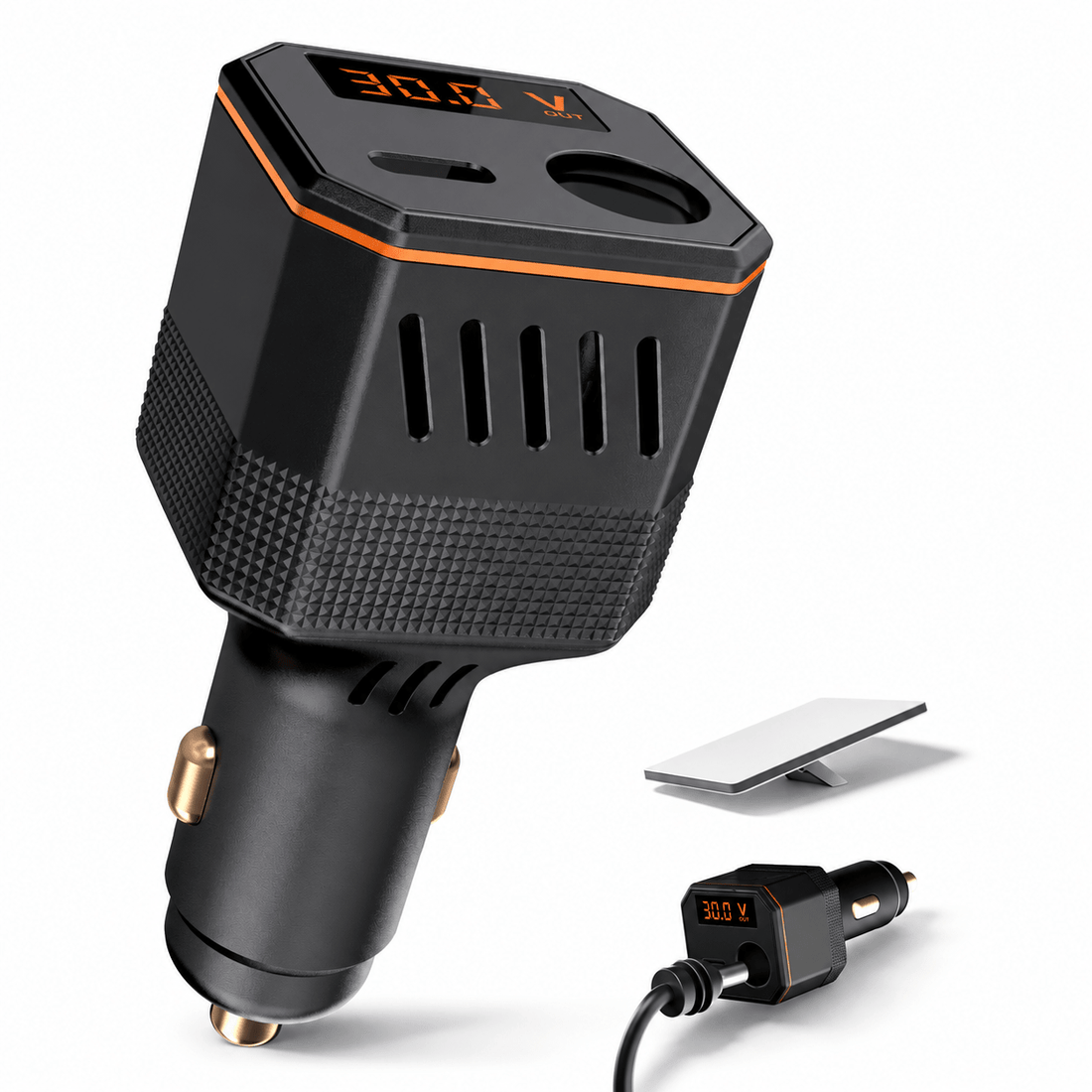 Black car cigarette lighter charger for Starlink Mini with a digital voltage display and orange trim