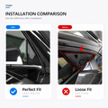 Installation comparison graphic for TESERY car side mirror trim. Left panel shows the product installed in a tight fit labeled 'After' with a blue check mark and 'Perfect Fit' text.