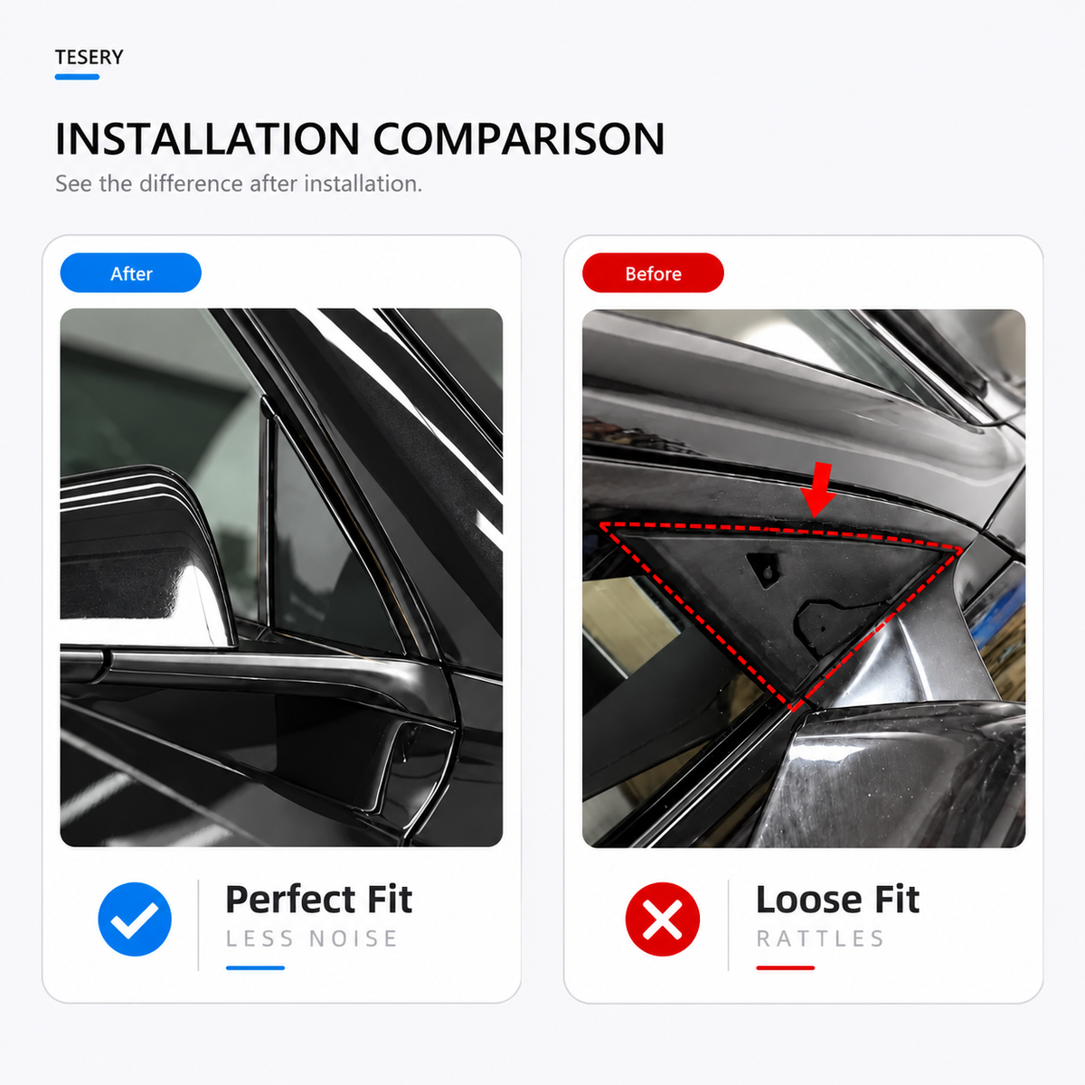 Installation comparison graphic for TESERY car side mirror trim. Left panel shows the product installed in a tight fit labeled 'After' with a blue check mark and 'Perfect Fit' text.