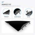 A glossy black triangular automotive trim piece with multiple mounting pins, shown on a light gray background with feature callouts reading Waterproof, Scratch-resistant, and Durable. Brand name TESERY appears at top left.