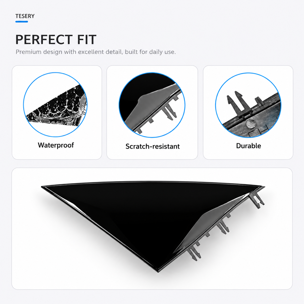 A glossy black triangular automotive trim piece with multiple mounting pins, shown on a light gray background with feature callouts reading Waterproof, Scratch-resistant, and Durable. Brand name TESERY appears at top left.