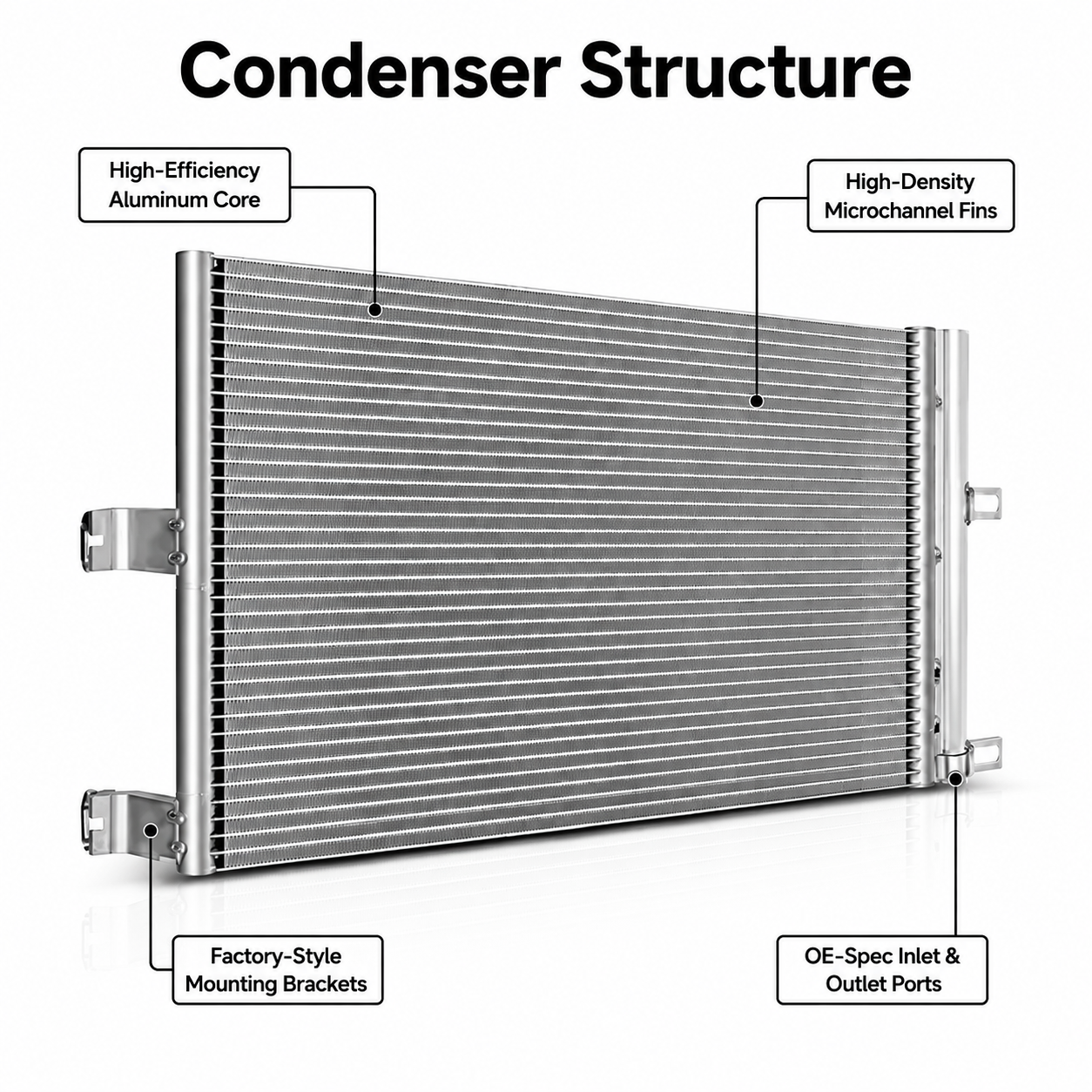 An automotive condenser structure diagram on a white background, labeled with callouts including high-efficiency aluminum core, high-density microchannel fins, factory-style mounting brackets, and OE-spec inlet and outlet ports.