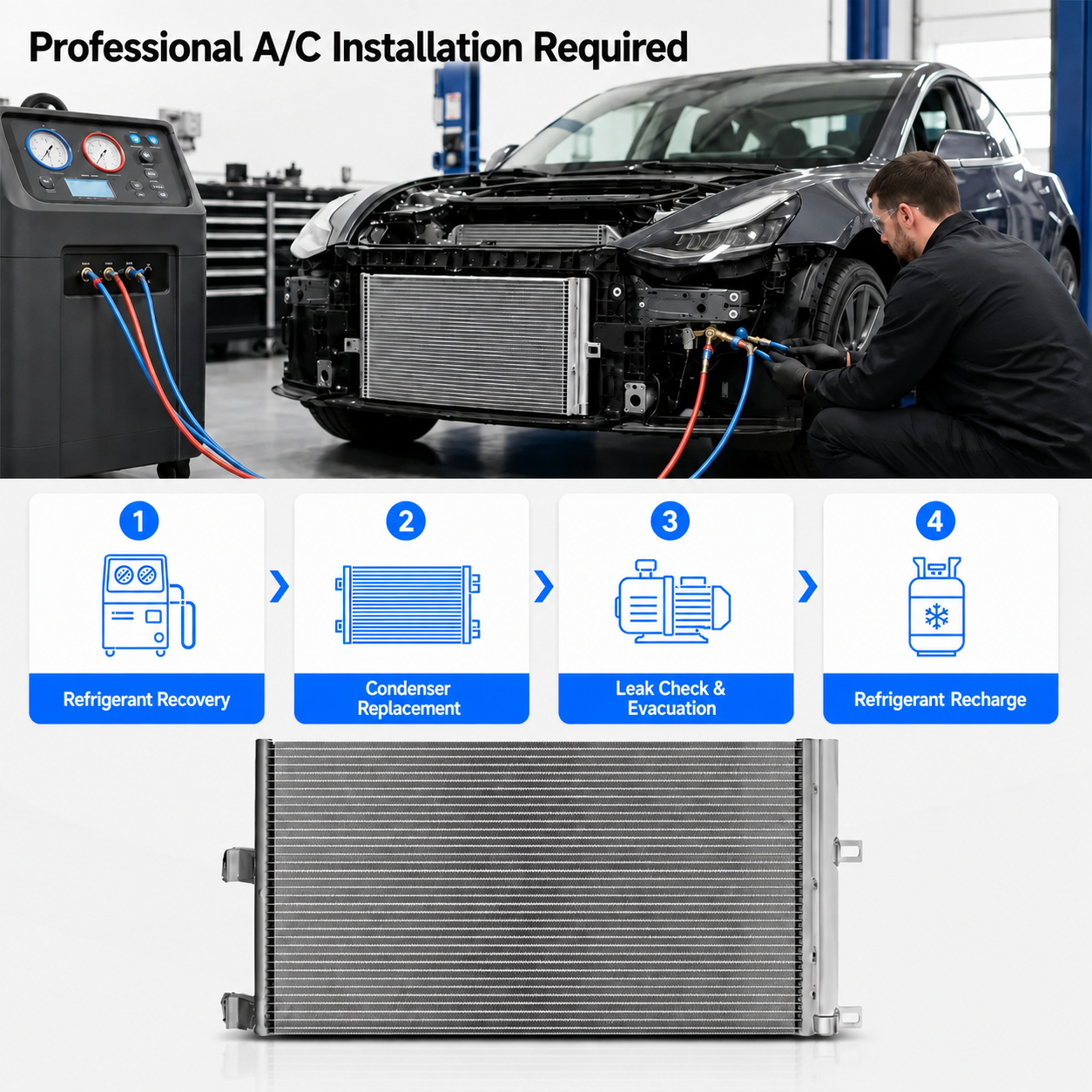 A car A/C installation service graphic with a technician working on a vehicle, a refrigerant recovery machine, a four-step process diagram, and a large silver condenser/intercooler radiator shown at the bottom.