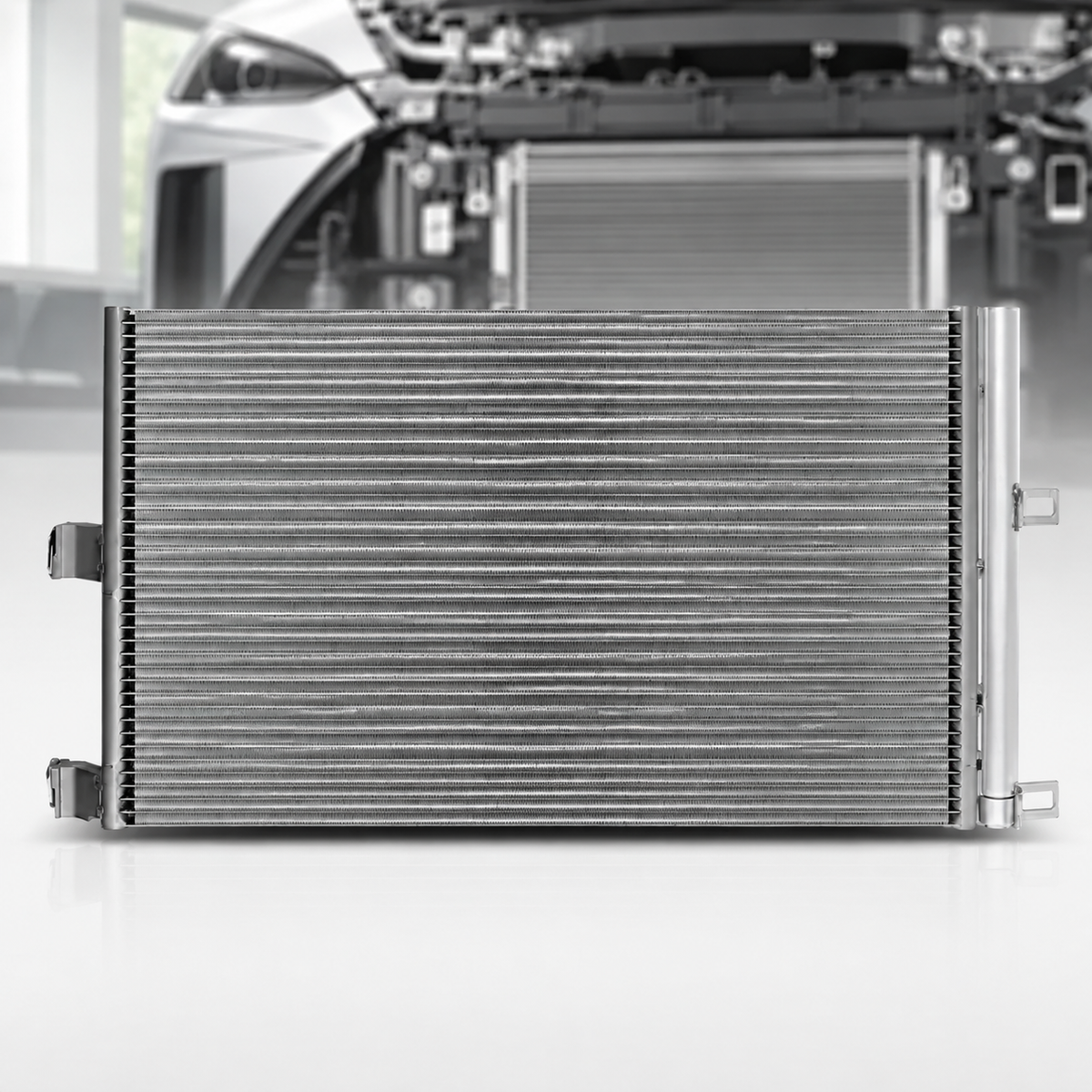 A silver metallic automotive radiator shown from the front, with a blurred background of a car engine bay.