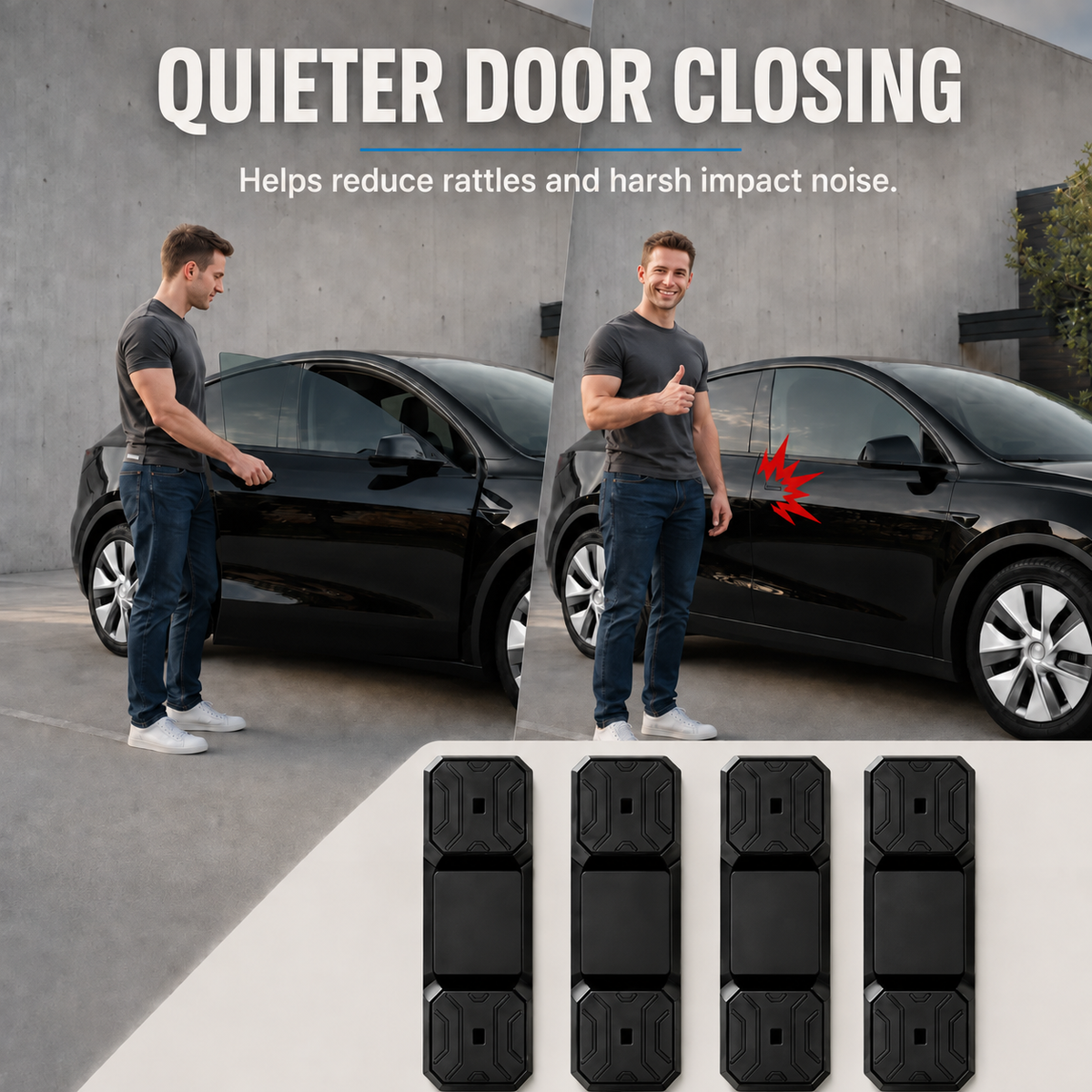 A set of four black rubber door stopper bumpers shown below a split-screen lifestyle demonstration of a man closing a black car door, with text reading 'QUIETER DOOR CLOSING' and a red arrow indicating reduced noise and rattles.