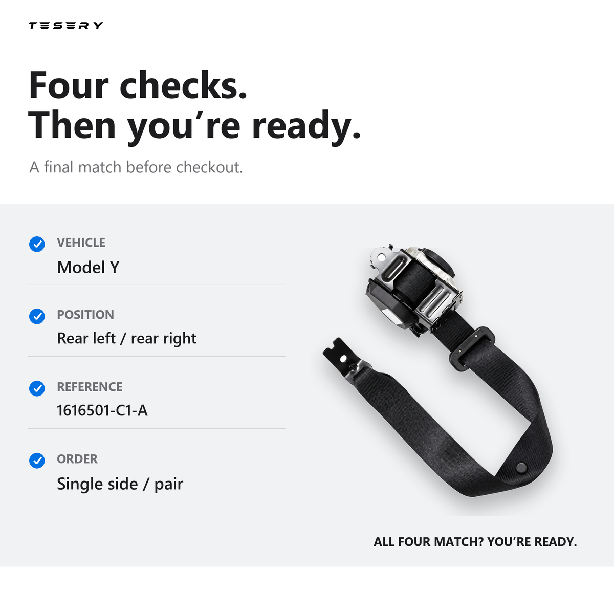 A promotional graphic for a TESERY belt buckle with a black strap and silver metal hardware, shown next to checklist text detailing four verification steps for vehicle compatibility.