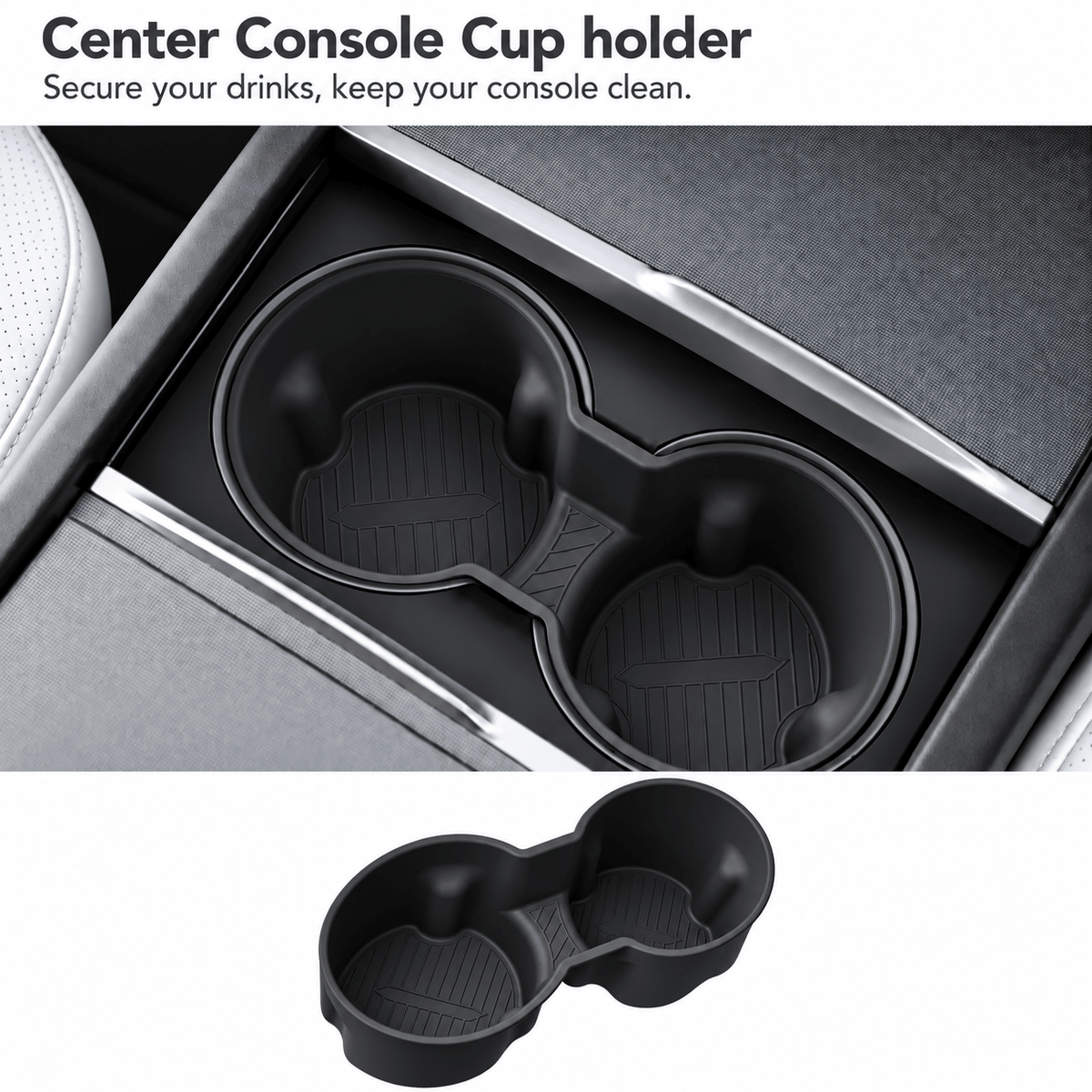 Black two-cup holder insert fitted in the center console with a separate product view