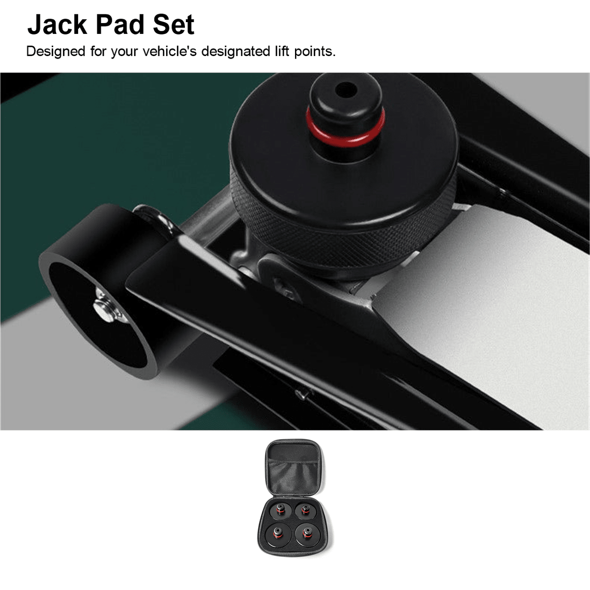 Jack pad positioned at a vehicle lift point above a small case holding four pads