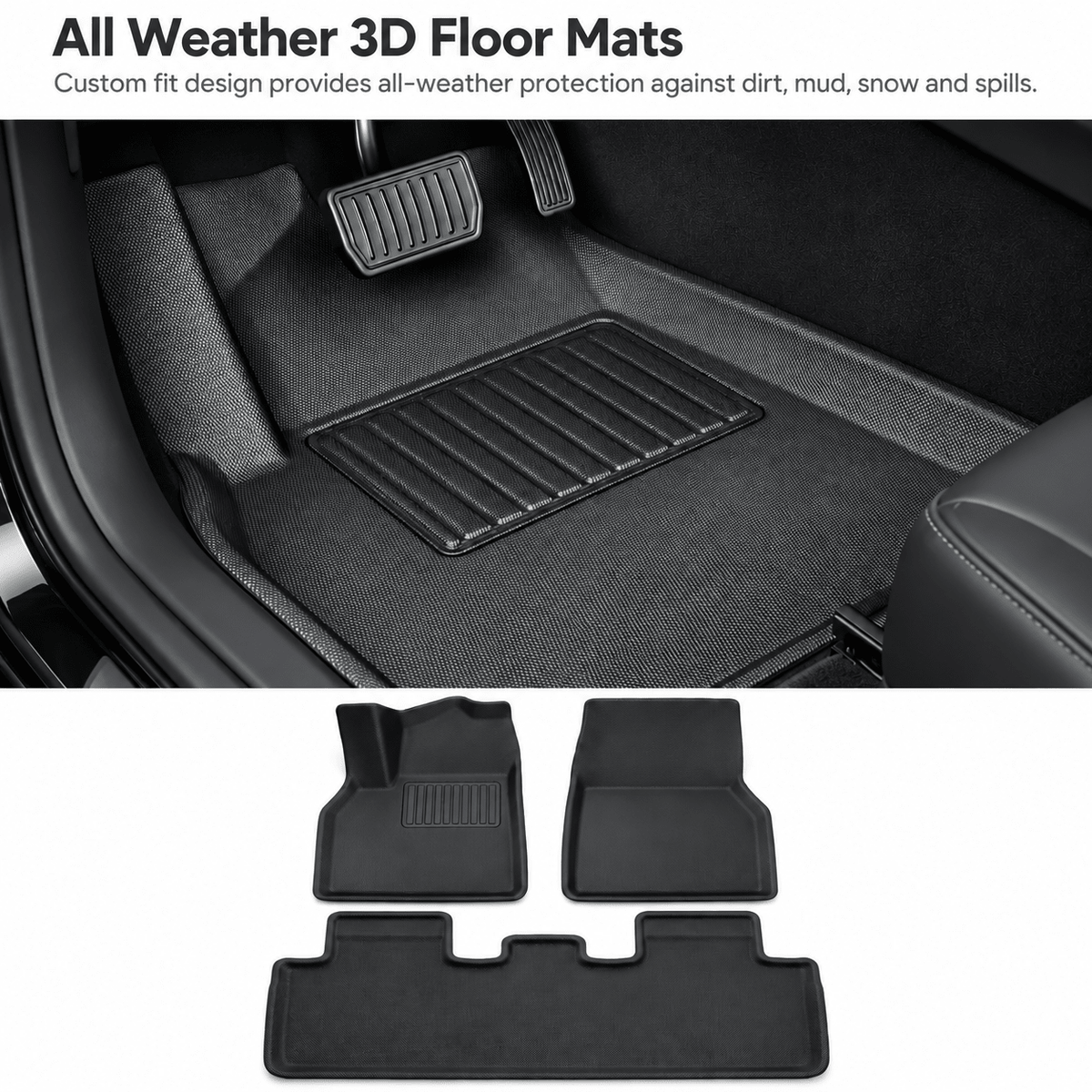 Black cabin floor mats shown in the driver's footwell and as two front mats with one rear-row mat