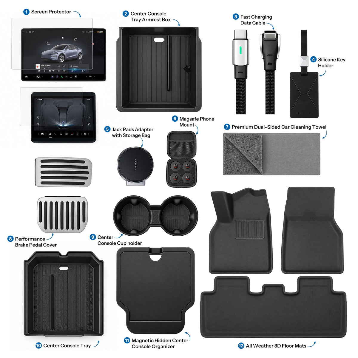 Labeled overview identifying twelve accessory products in the Model 3 bundle